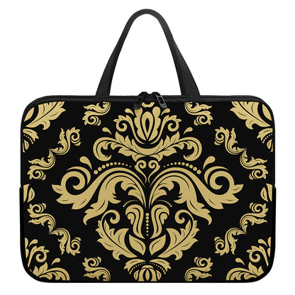 Black And Beige Damask Pattern Print Laptop Sleeve With Handle