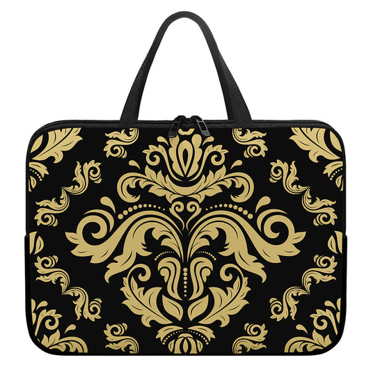 Black And Beige Damask Pattern Print Laptop Sleeve With Handle
