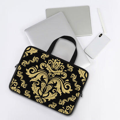 Black And Beige Damask Pattern Print Laptop Sleeve With Handle