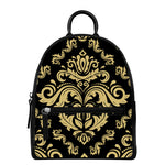 Black And Beige Damask Pattern Print Leather Backpack