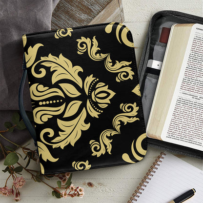 Black And Beige Damask Pattern Print Leather Bible Cover
