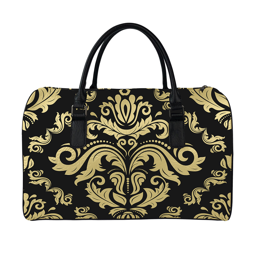 Black And Beige Damask Pattern Print Leather Duffle Bag