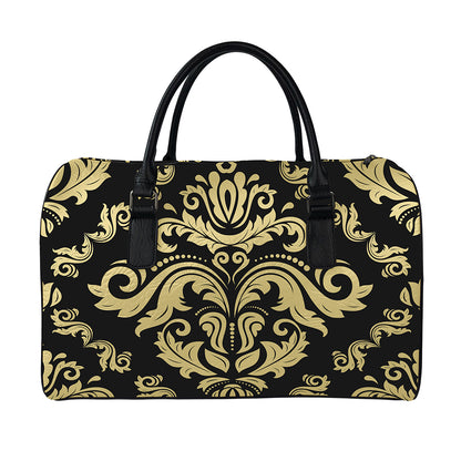 Black And Beige Damask Pattern Print Leather Duffle Bag