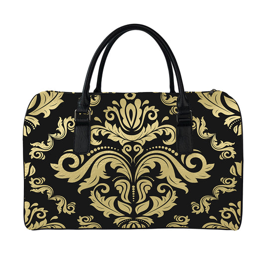 Black And Beige Damask Pattern Print Leather Duffle Bag