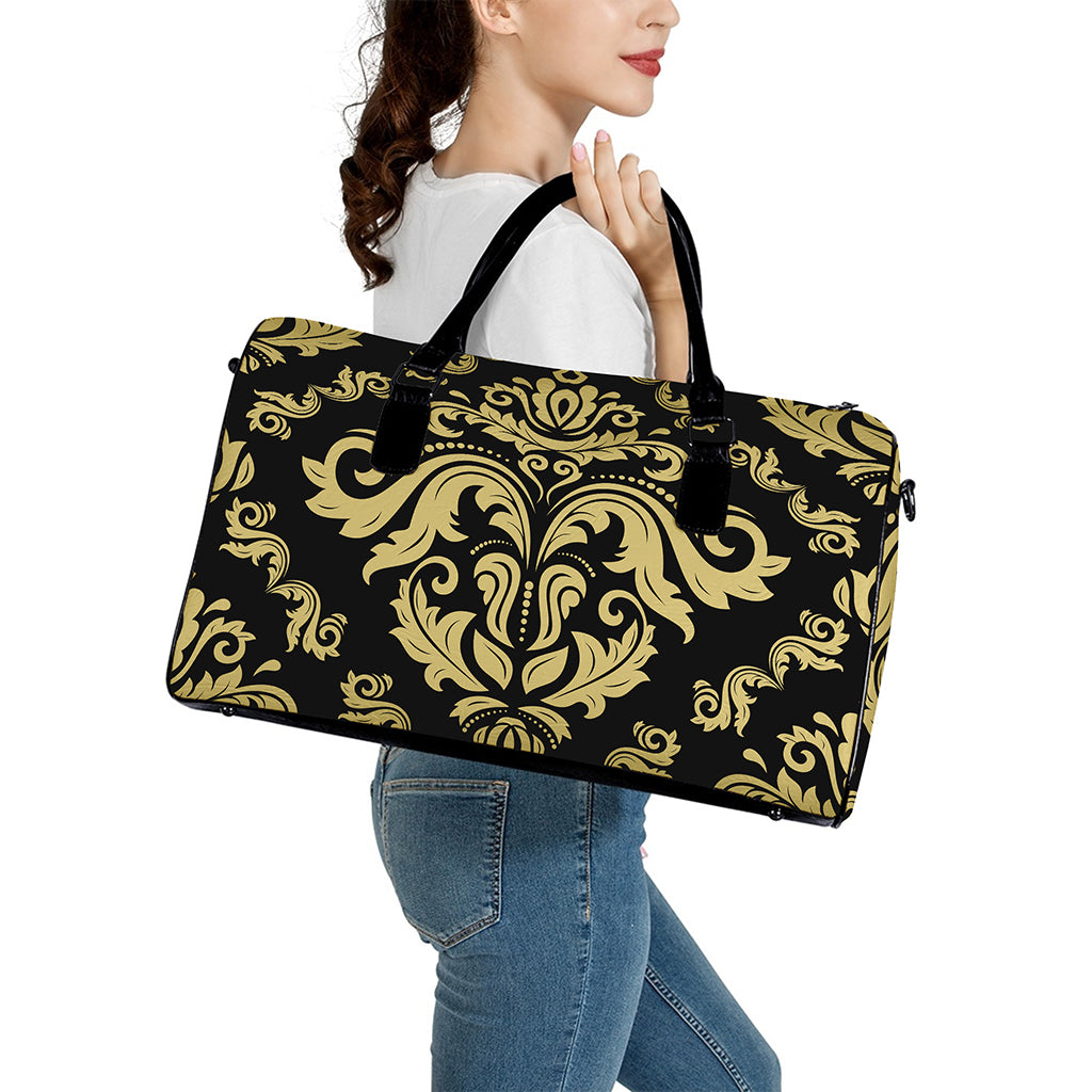 Black And Beige Damask Pattern Print Leather Duffle Bag