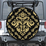 Black And Beige Damask Pattern Print Leather Spare Tire Cover