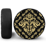 Black And Beige Damask Pattern Print Leather Spare Tire Cover