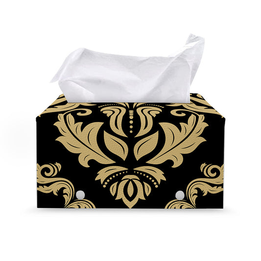 Black And Beige Damask Pattern Print Leather Tissue Box Cover