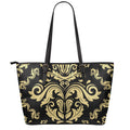 Black And Beige Damask Pattern Print Leather Tote Bag With Zipper