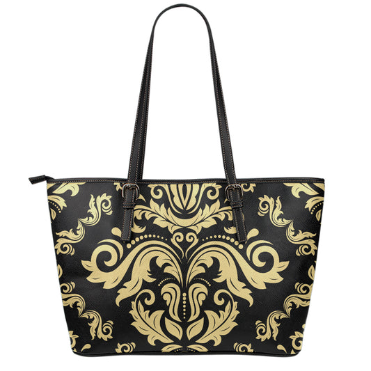 Black And Beige Damask Pattern Print Leather Tote Bag