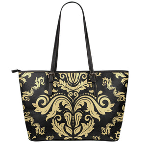 Black And Beige Damask Pattern Print Leather Tote Bag