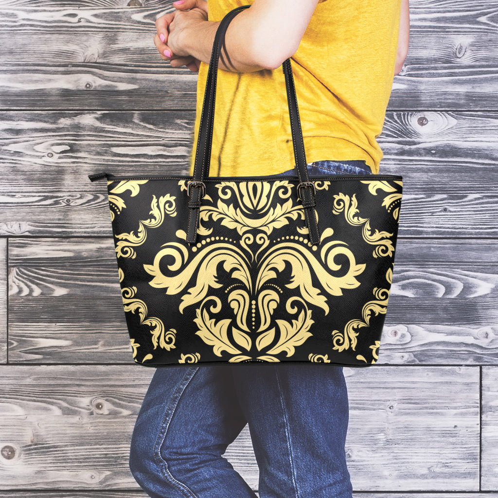Black And Beige Damask Pattern Print Leather Tote Bag