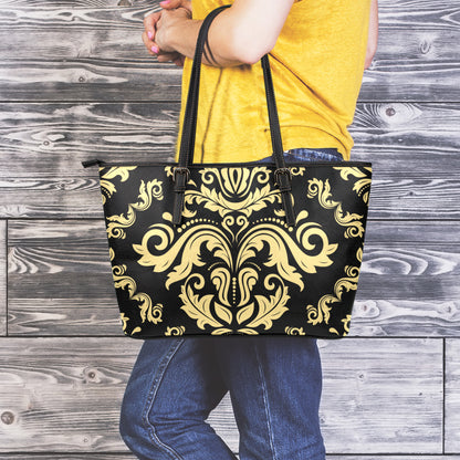 Black And Beige Damask Pattern Print Leather Tote Bag