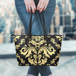 Black And Beige Damask Pattern Print Leather Tote Bag