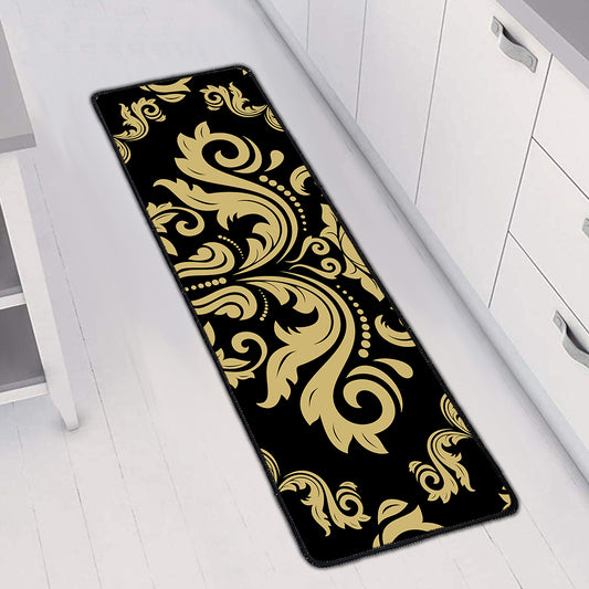 Black And Beige Damask Pattern Print Long Kitchen Mat