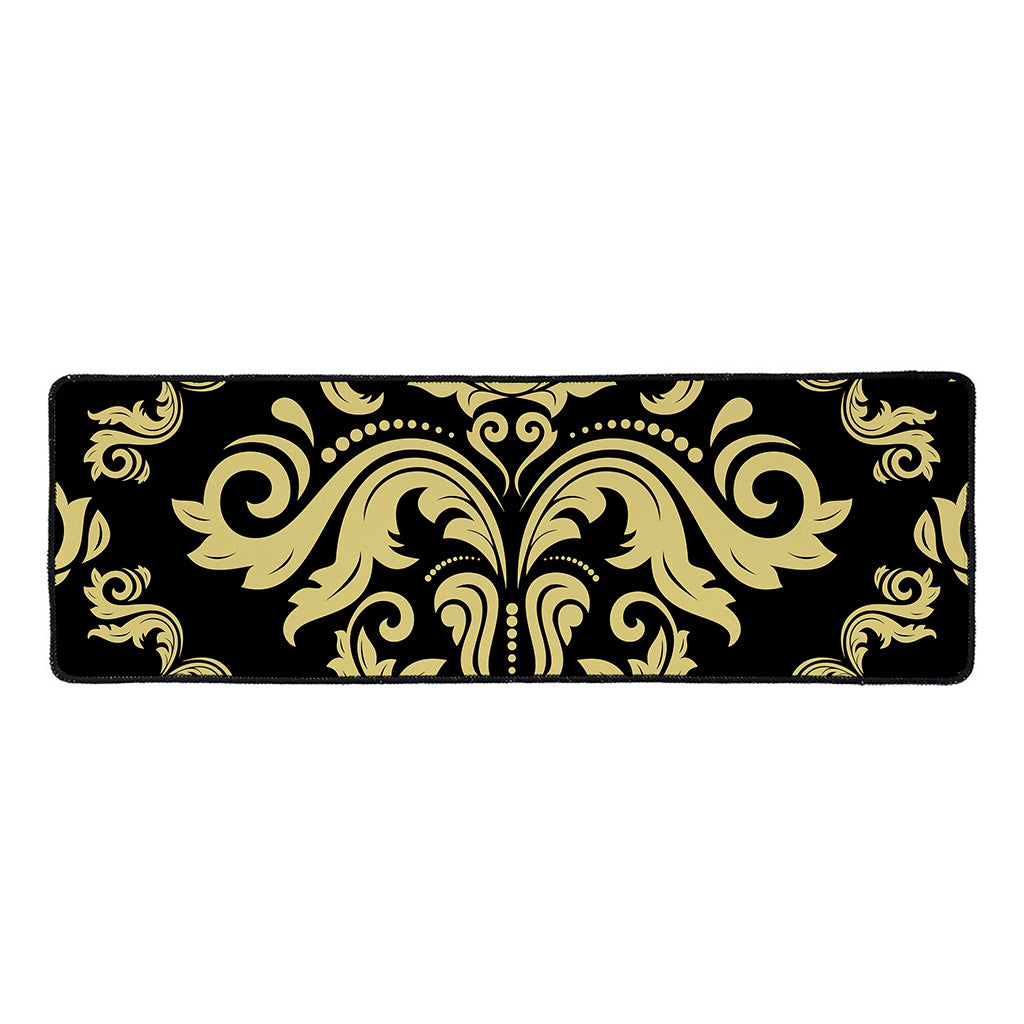 Black And Beige Damask Pattern Print Long Kitchen Mat