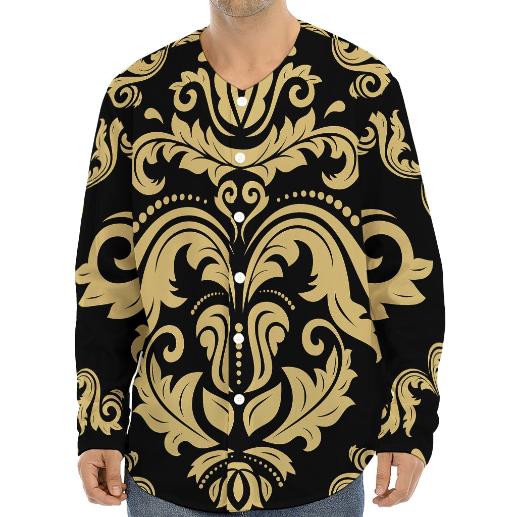 Black And Beige Damask Pattern Print Long Sleeve Baseball Jersey