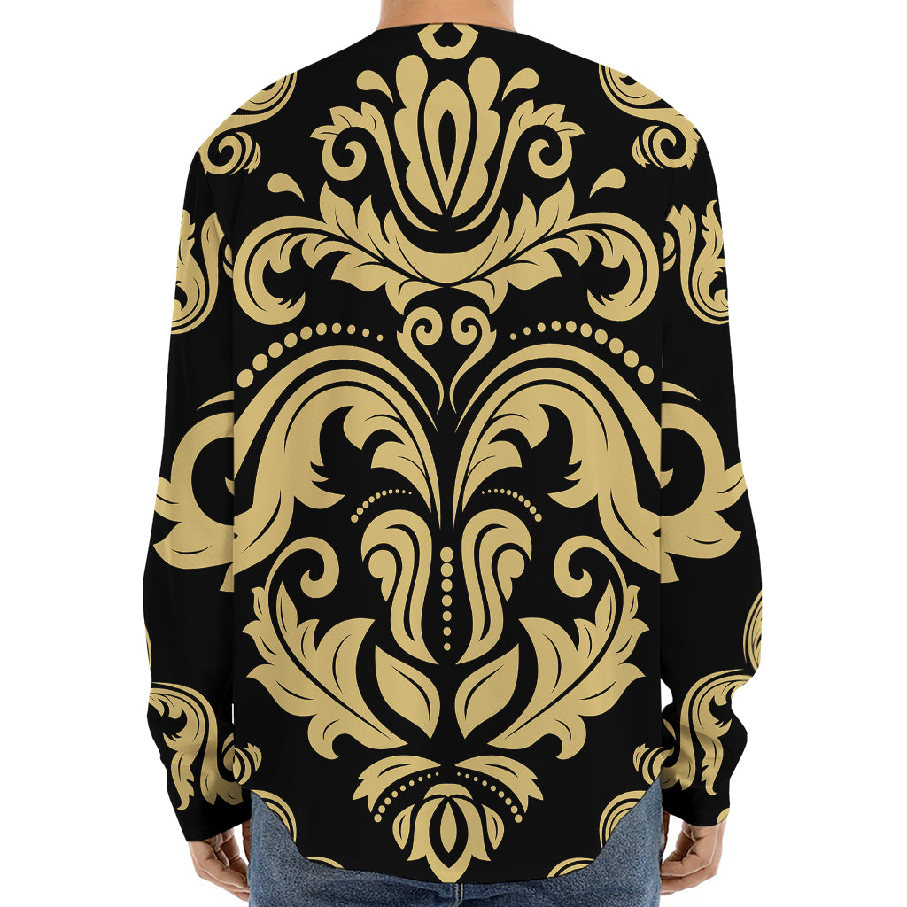 Black And Beige Damask Pattern Print Long Sleeve Baseball Jersey