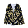 Black And Beige Damask Pattern Print Long Sleeve Short Coat