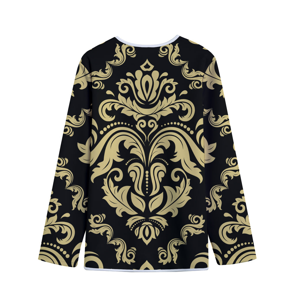 Black And Beige Damask Pattern Print Long Sleeve Short Coat