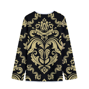 Black And Beige Damask Pattern Print Long Sleeve Short Coat