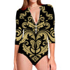 Black And Beige Damask Pattern Print Long Sleeve Swimsuit