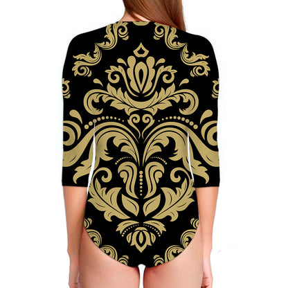 Black And Beige Damask Pattern Print Long Sleeve Swimsuit