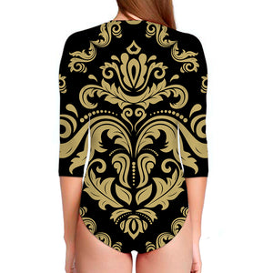 Black And Beige Damask Pattern Print Long Sleeve Swimsuit
