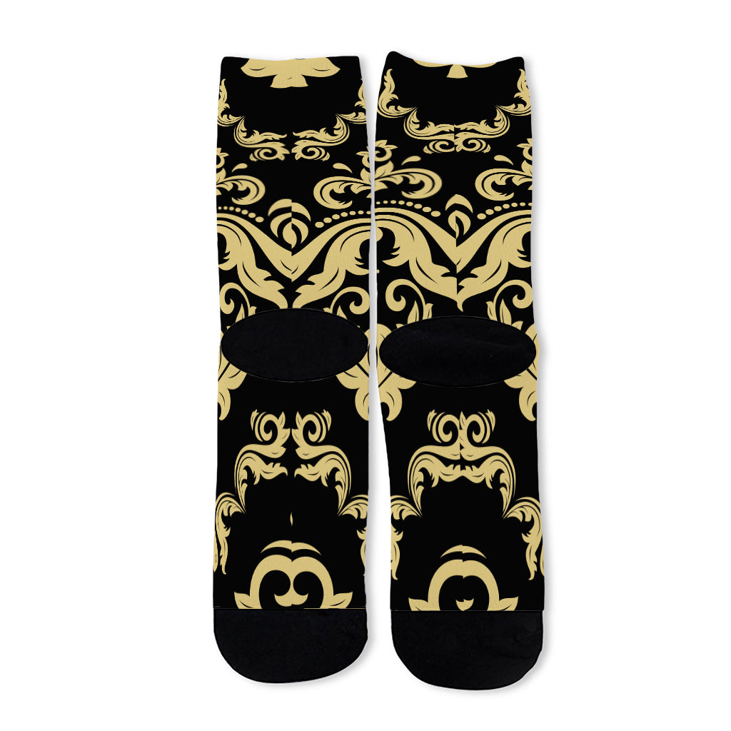 Black And Beige Damask Pattern Print Long Socks