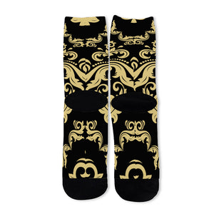 Black And Beige Damask Pattern Print Long Socks