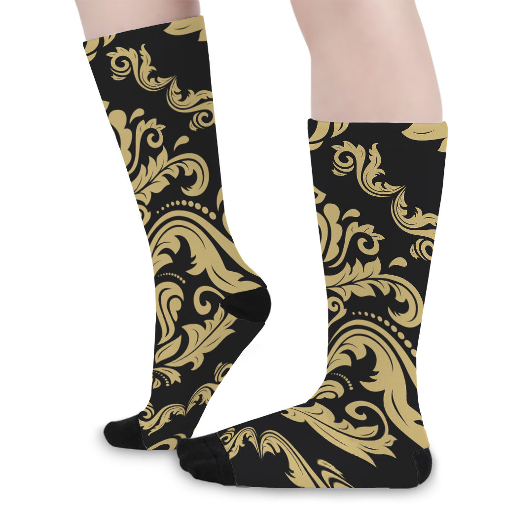Black And Beige Damask Pattern Print Long Socks