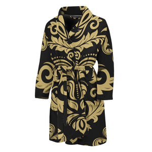 Black And Beige Damask Pattern Print Men's Bathrobe