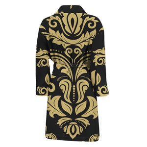 Black And Beige Damask Pattern Print Men's Bathrobe