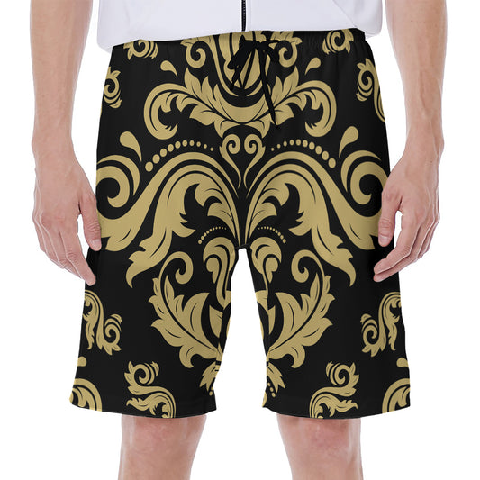 Black And Beige Damask Pattern Print Men's Beach Shorts