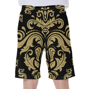Black And Beige Damask Pattern Print Men's Beach Shorts