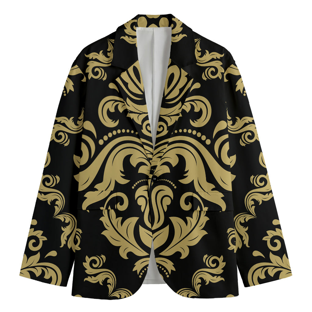 Black And Beige Damask Pattern Print Men's Blazer