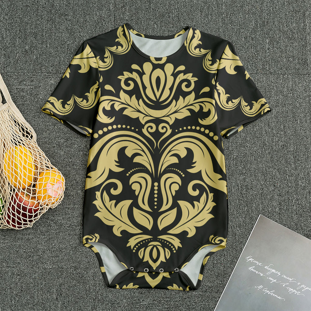 Black And Beige Damask Pattern Print Men's Bodysuit