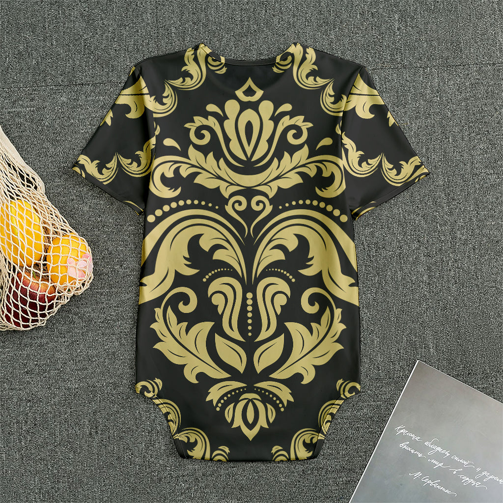Black And Beige Damask Pattern Print Men's Bodysuit