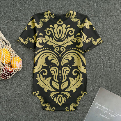 Black And Beige Damask Pattern Print Men's Bodysuit