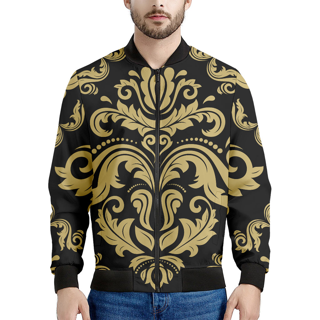 Black And Beige Damask Pattern Print Men's Bomber Jacket