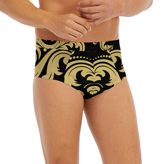 Black And Beige Damask Pattern Print Men's Briefs
