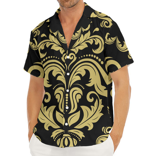 Black And Beige Damask Pattern Print Men's Deep V-Neck Shirt