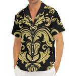 Black And Beige Damask Pattern Print Men's Deep V-Neck Shirt