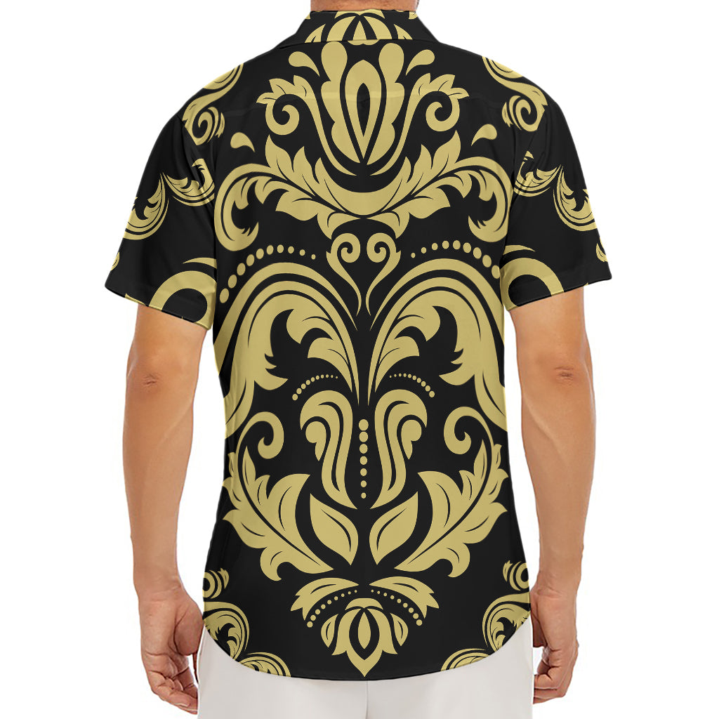 Black And Beige Damask Pattern Print Men's Deep V-Neck Shirt