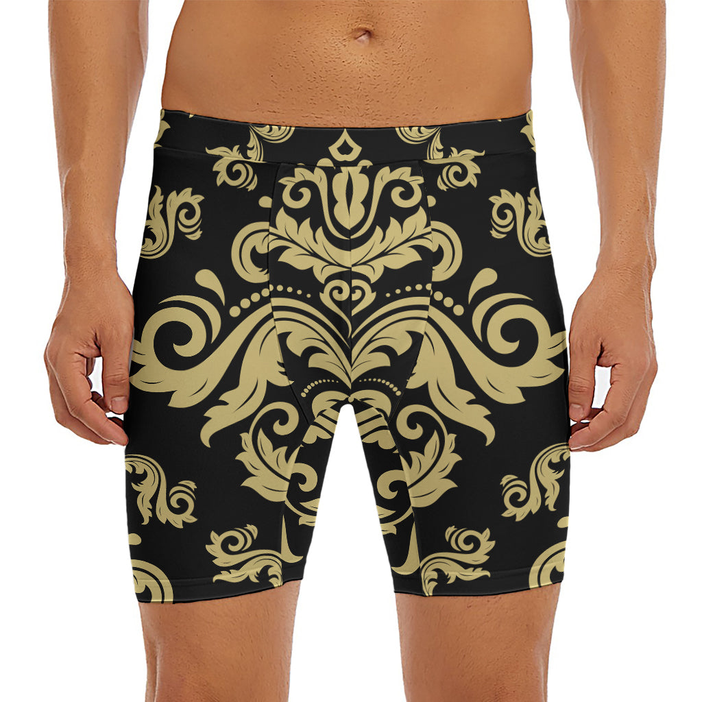 Black And Beige Damask Pattern Print Men's Long Boxer Briefs