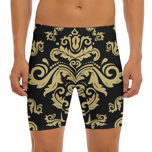 Black And Beige Damask Pattern Print Men's Long Boxer Briefs