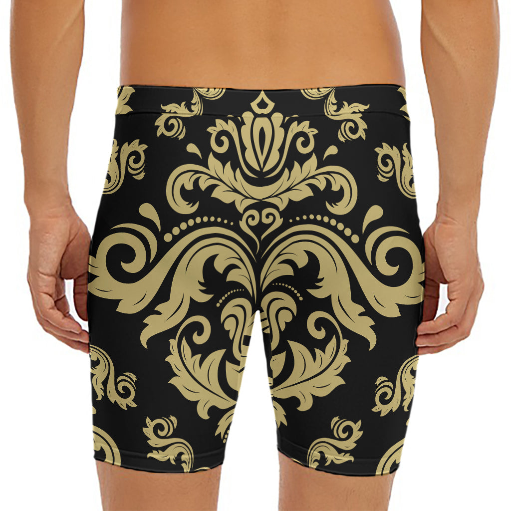 Black And Beige Damask Pattern Print Men's Long Boxer Briefs