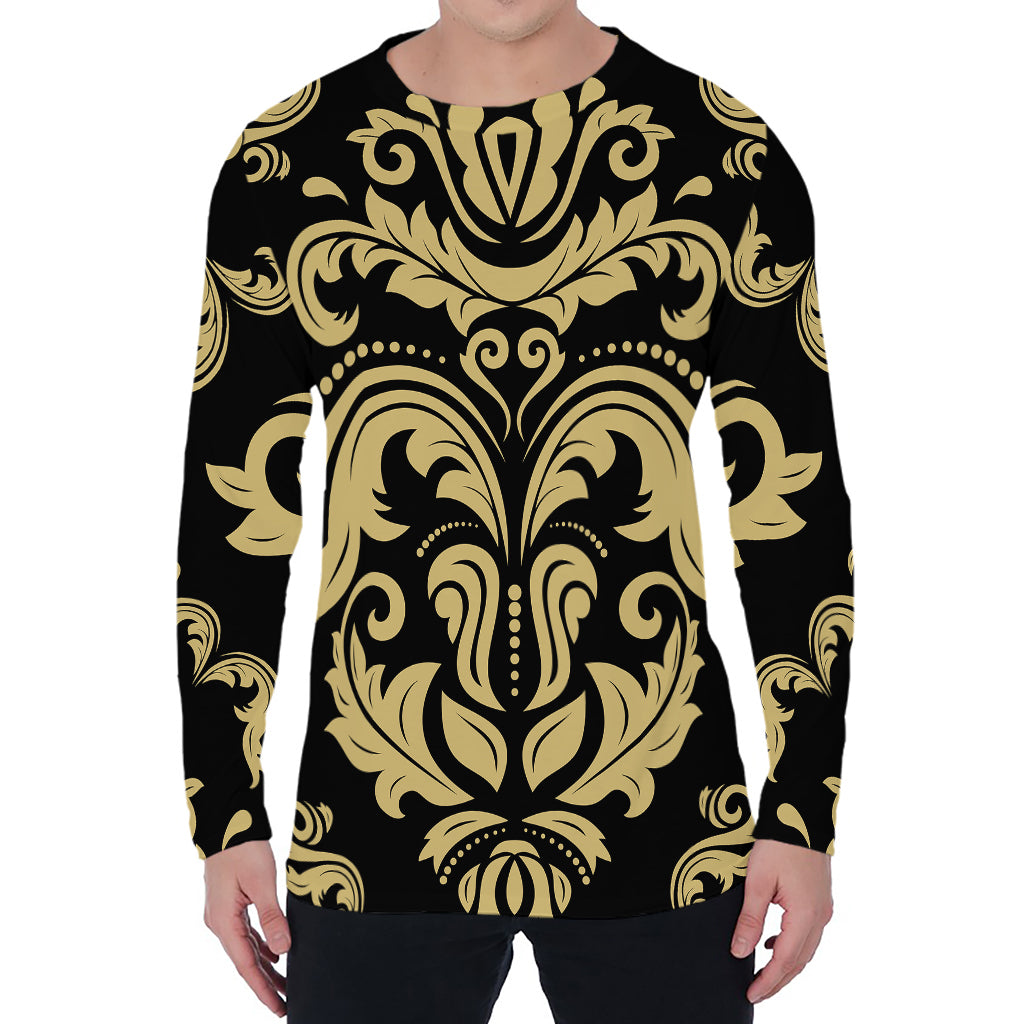 Black And Beige Damask Pattern Print Men's Long Sleeve T-Shirt