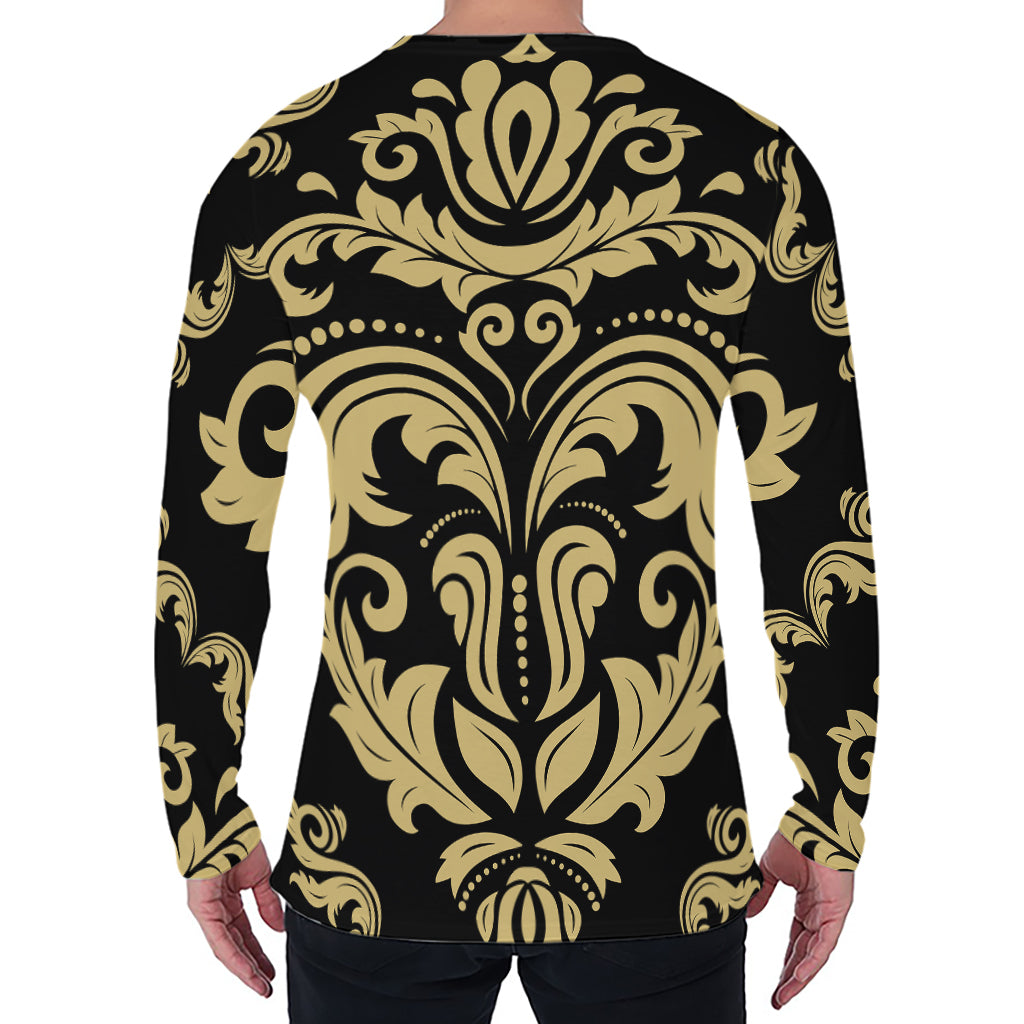 Black And Beige Damask Pattern Print Men's Long Sleeve T-Shirt