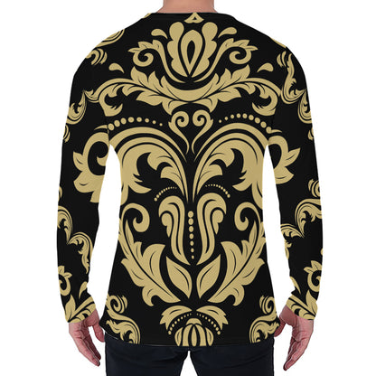 Black And Beige Damask Pattern Print Men's Long Sleeve T-Shirt